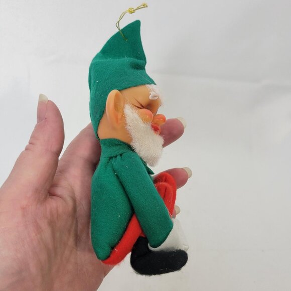 Vintage Green Red Christmas Knee Hugger Elf Japan Christmas Ornament Rubber Face - Picture 2 of 7
